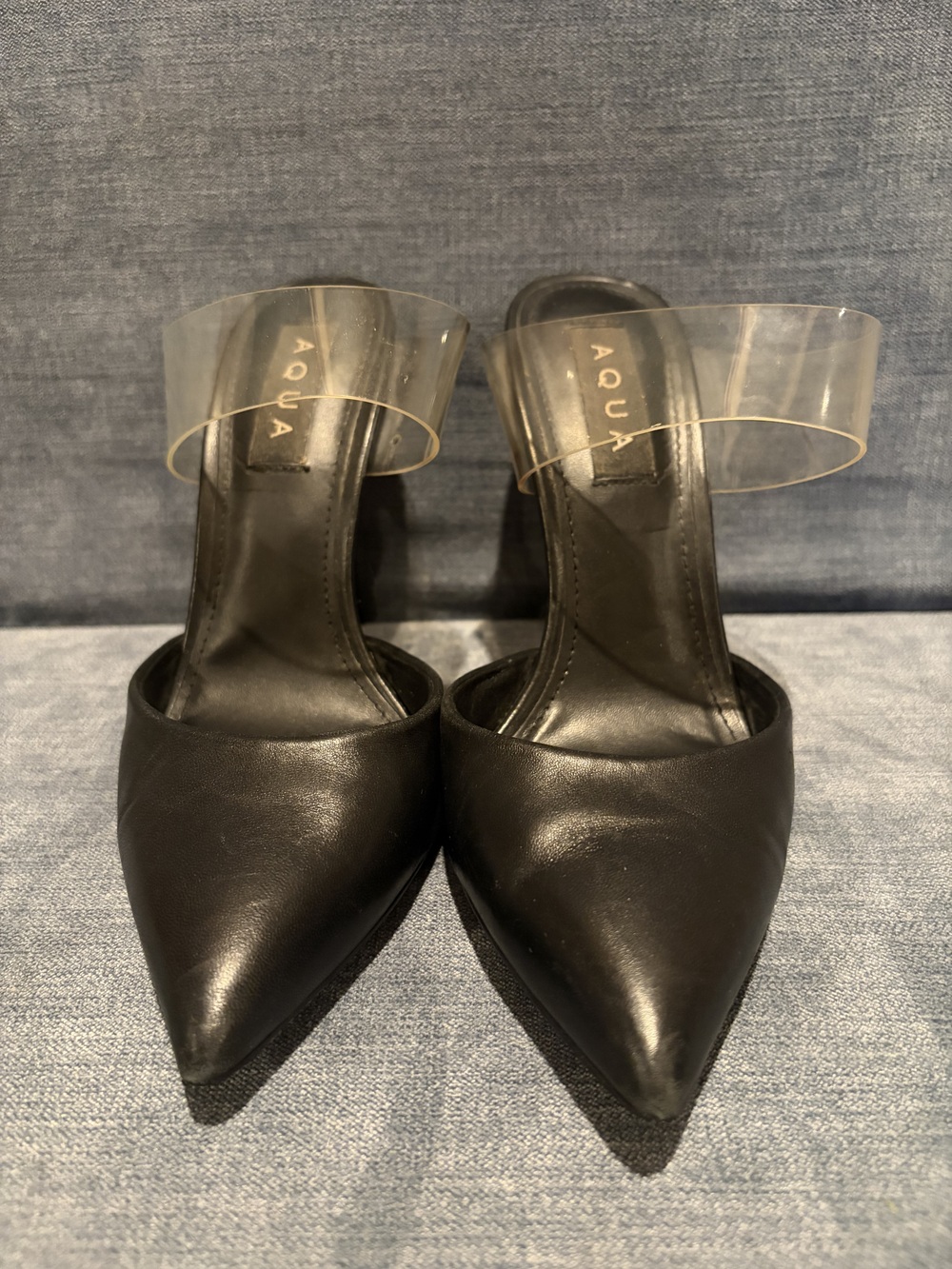 Aqua Black Pointed-Toe Mules with Clear Band